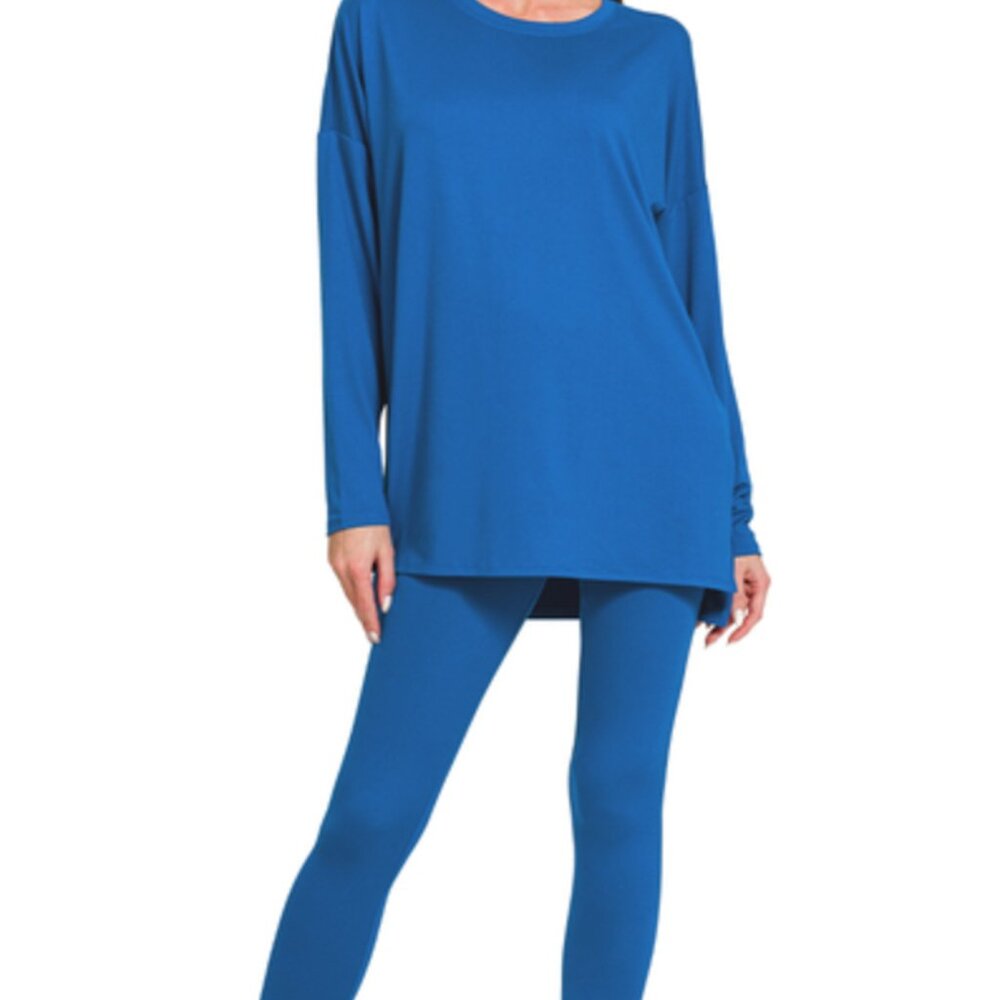 Zenana Outfitters Blue Long Sleeve Top and Leggings Set